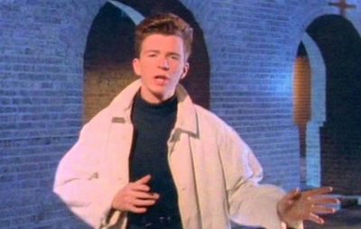 A still from the Never Gonna Give You Up music video