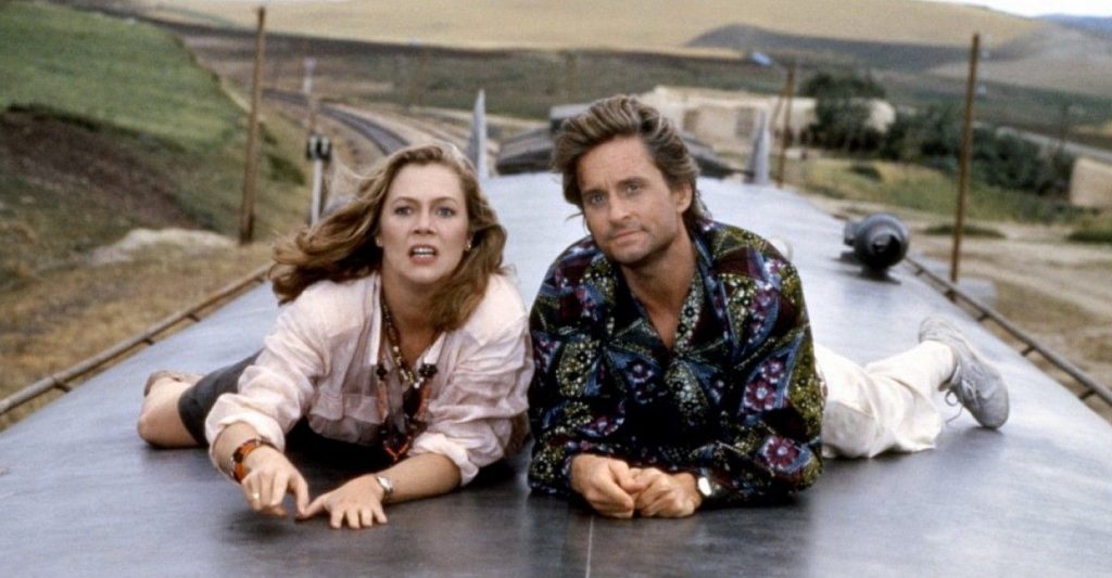 Kathleen Turner as Joan Wilder and Michael Douglas as Jack Colton in The Jewel of the Nile