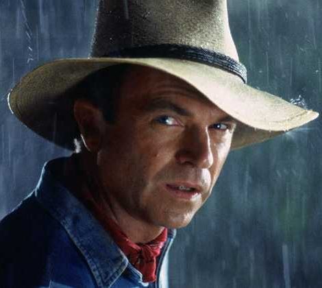 Sam Neill as Dr Alan Grant, enjoying the rain in his hat in Jurassic Park