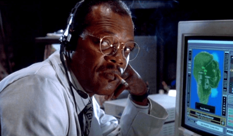 Samuel L. Jackson smoking in the computer room as Ray Arnold in Jurassic Park