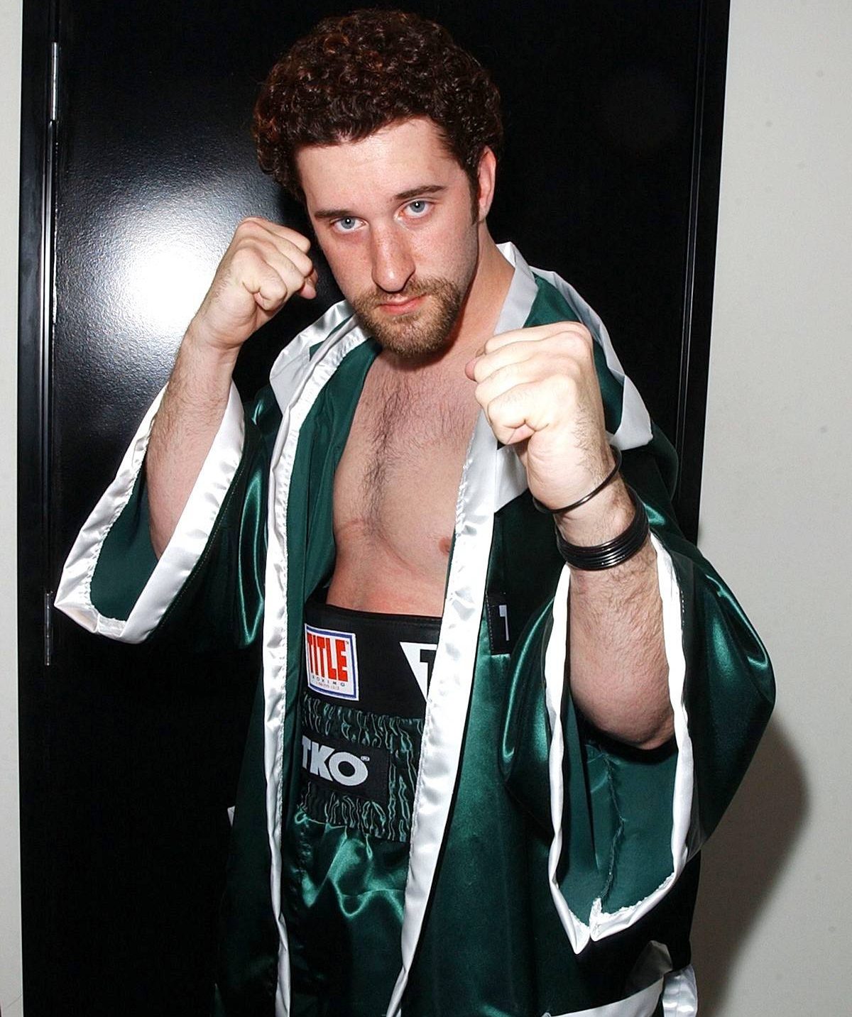 Dustin Diamond in boxing gown and shorts, celebrity boxing