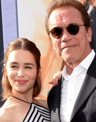 Emilia Clarke with Arnold Schwarzenegger Terminator Genisys red carpet