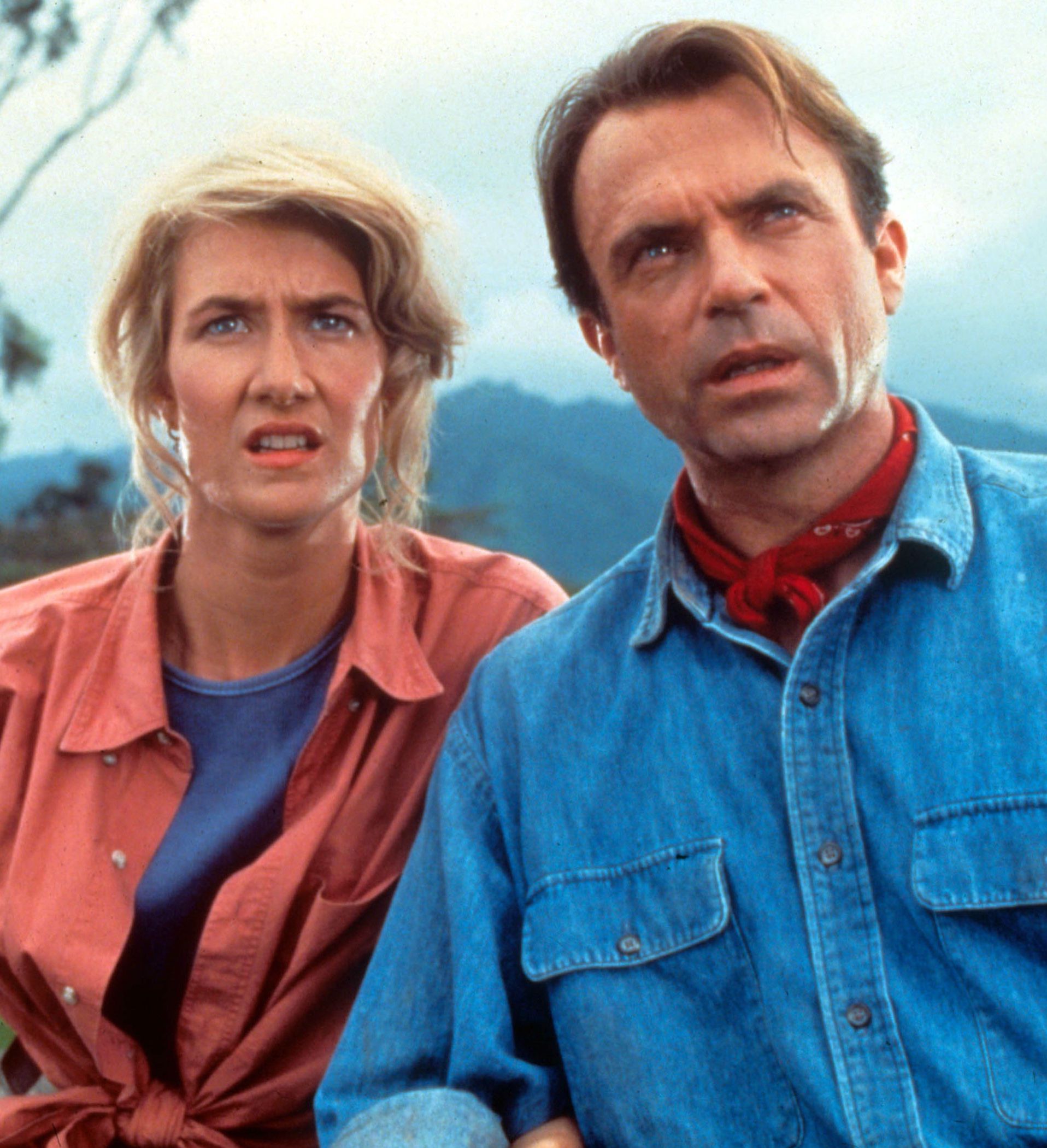 Laura Dern and Sam Neill as Ellie Satler and Alan Grant in Jurassic Park