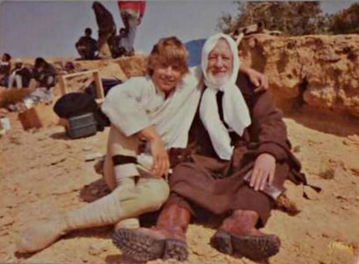 Mark Hamill with Alec Guinness on the set of Star Wars